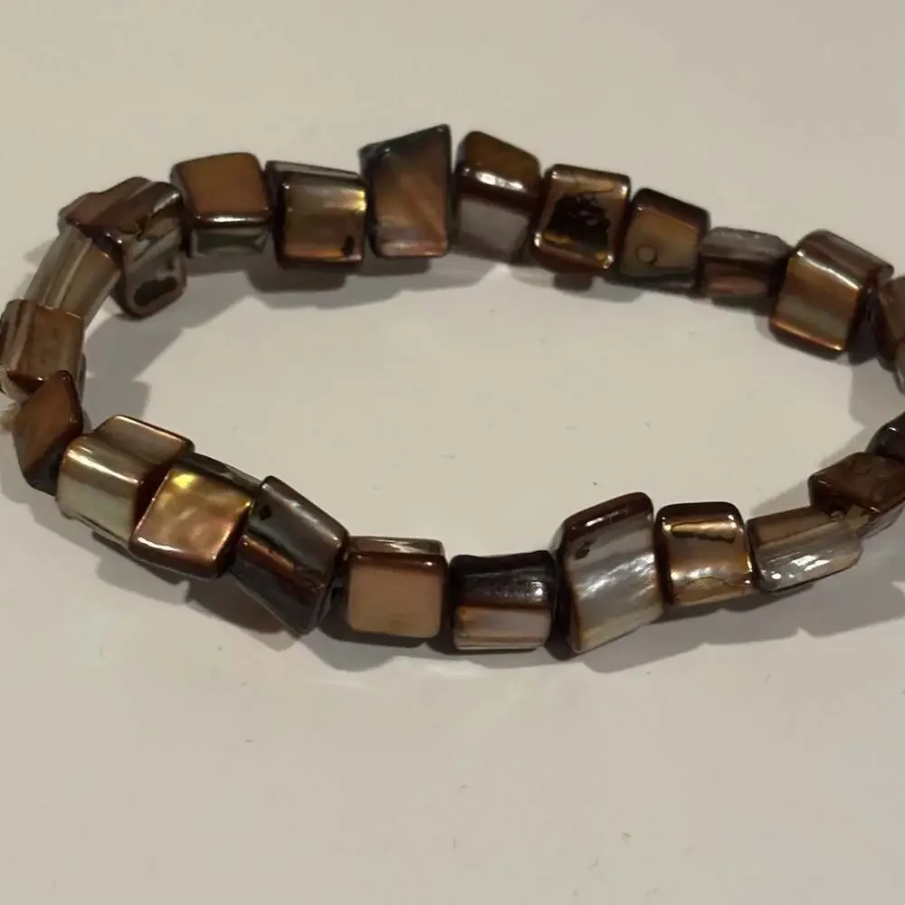 Brown Shell Square iridescent Beaded Stretch Bracelet